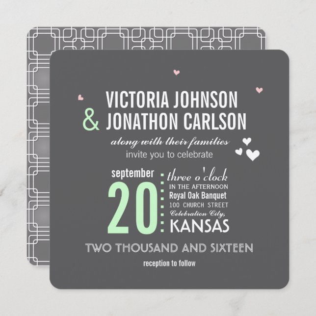 Mint Gray Trendy Geometric Typography Wedding Invitation (Front/Back)