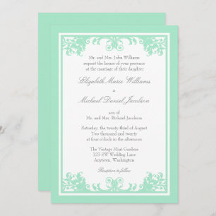 Mint Gray Vintage Flourish Scroll Wedding Invitation