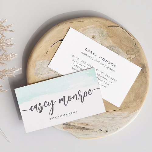 Mint  Gray Watercolor Signature Script Business Card