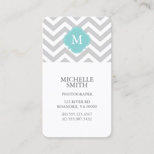 Customizable Mint &amp; Gray Zigzags Pattern Monogram Business Card Templates