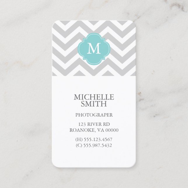 Mint & Gray Zigzags Pattern Monogram Business Card (Front)