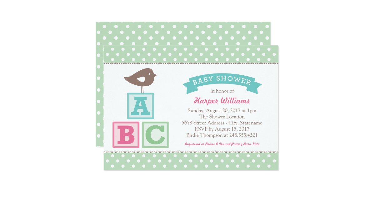 Mint Green Abc Alphabet Blocks Baby Shower Invitation Zazzle
