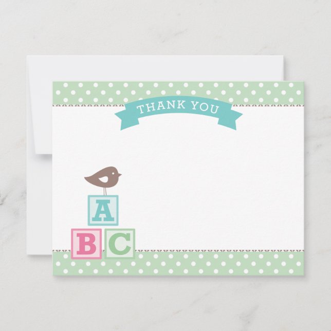 Mint Green ABC Blocks Bird Baby Shower Thank You Card (Front)