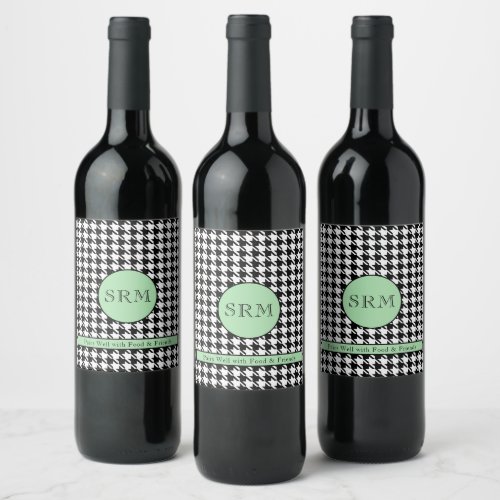 Mint Green Accent Houndstooth Pattern Set of 6 Wine Label