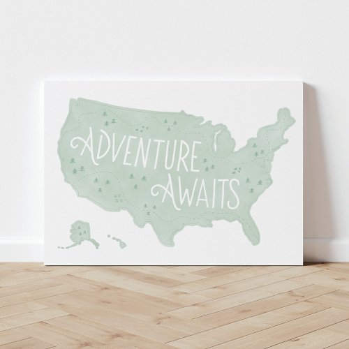 Mint Green Adventure Awaits Map Kids Room Decor Faux Canvas Print