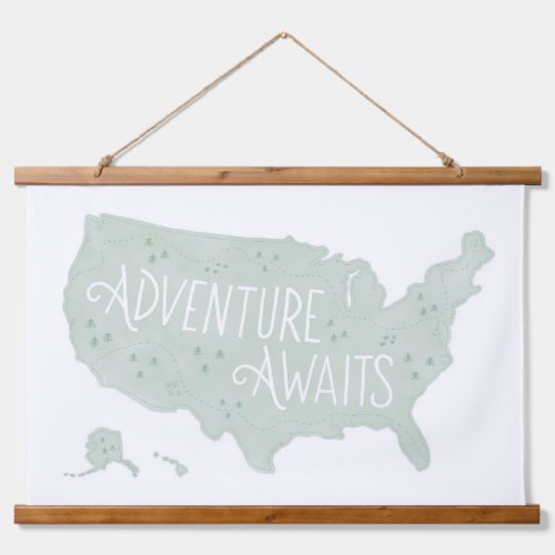 Mint Green Adventure Awaits US Map Kids Room Decor Hanging Tapestry