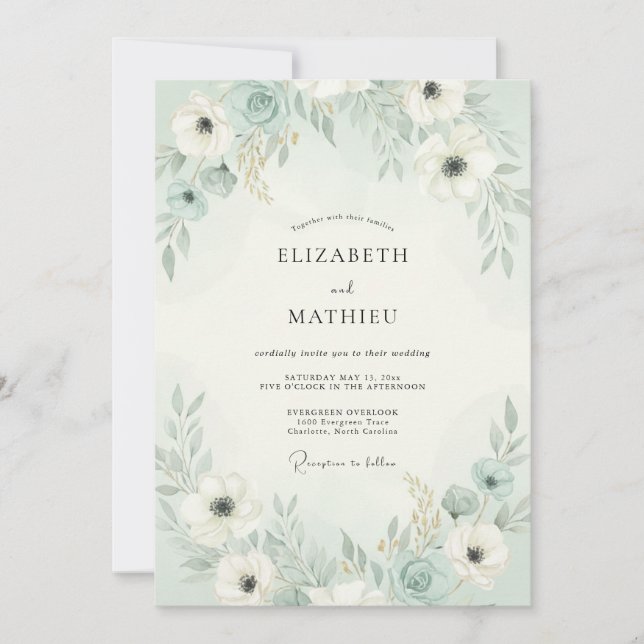 Mint Green Airy Floral Wedding Invitation (Front)