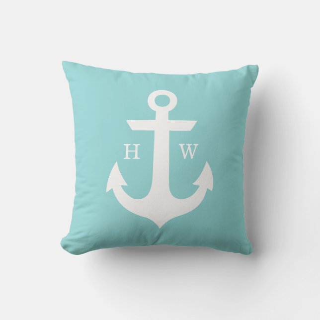 Mint Green Anchor Monogram Throw Pillow (Front)