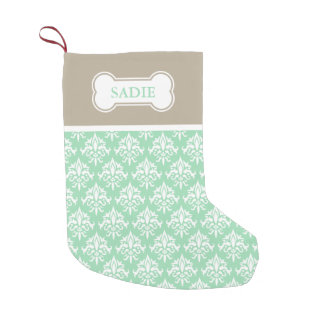 Mint Green And Beige Damask With Bone &amp; Pet's Name Small Christmas Stocking