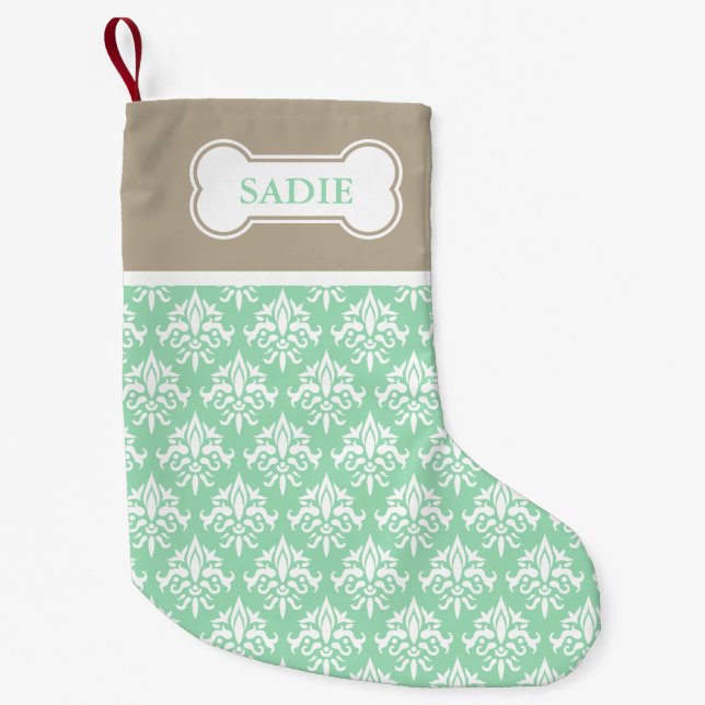 Mint Green And Beige Damask With Bone & Pet's Name Small Christmas Stocking (Front)