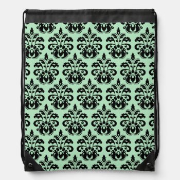 Mint Green And Black Damask Drawstring Bag by TheHopefulRomantic at Zazzle