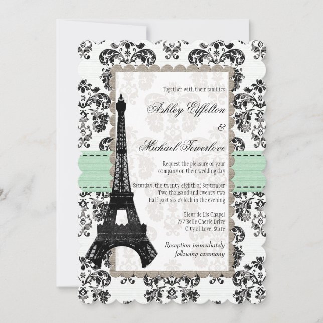Mint Green and Black Damask Eiffel Tower Wedding Invitation (Front)