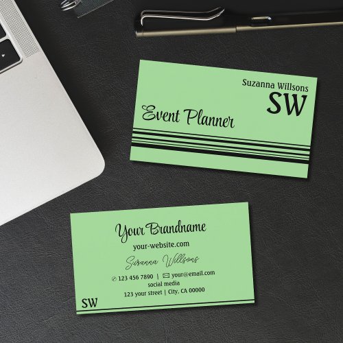 Mint Green and Black Stripes with Monogram Stylish Business Card