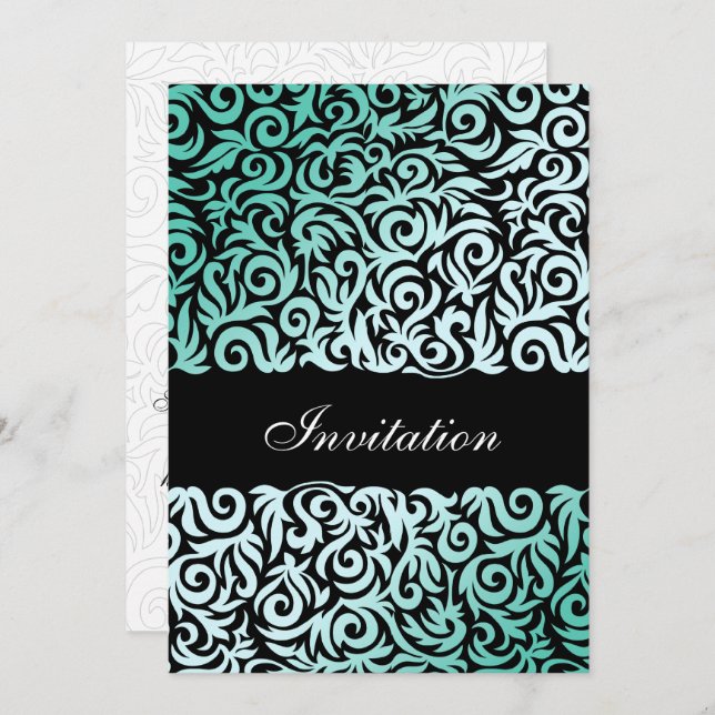 Mint Green and Black Swirling Border Wedding Invitation (Front/Back)