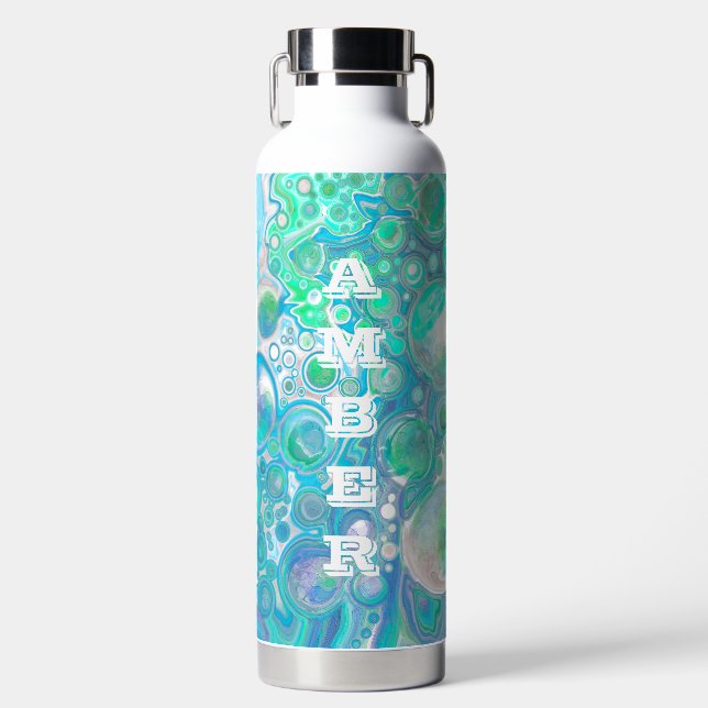  Mint Green and Blue Fluid Art    Water Bottle (Front)