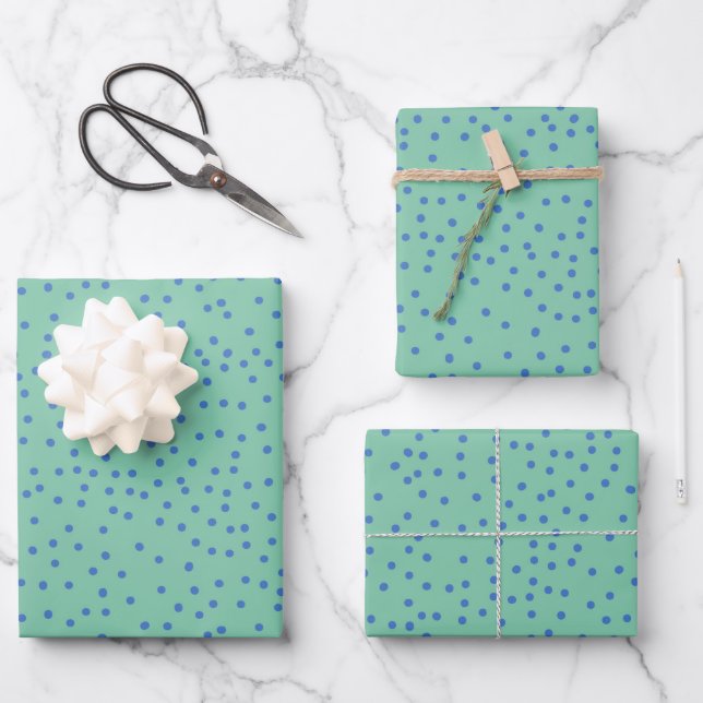 Mint Green and Blue Polka Dot Pattern  Wrapping Paper Sheets (Front)