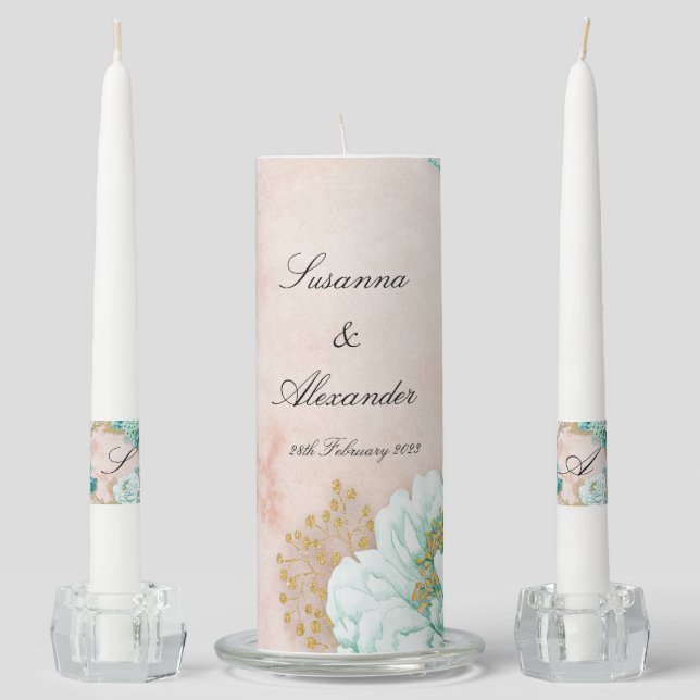 Mint Green and Blush Pink Boho Wedding Unity Candle Set (Front)