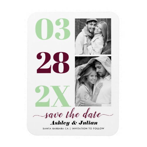 Mint green and burgundy two photo Save the Date Magnet