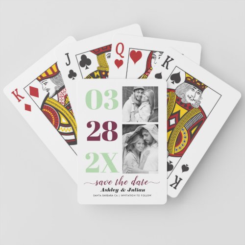 Mint green and burgundy two photo Save the Date Poker Cards
