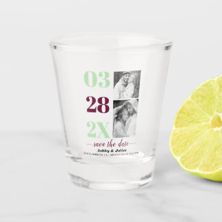 Mint green and burgundy two photo Save the Date Shot Glass