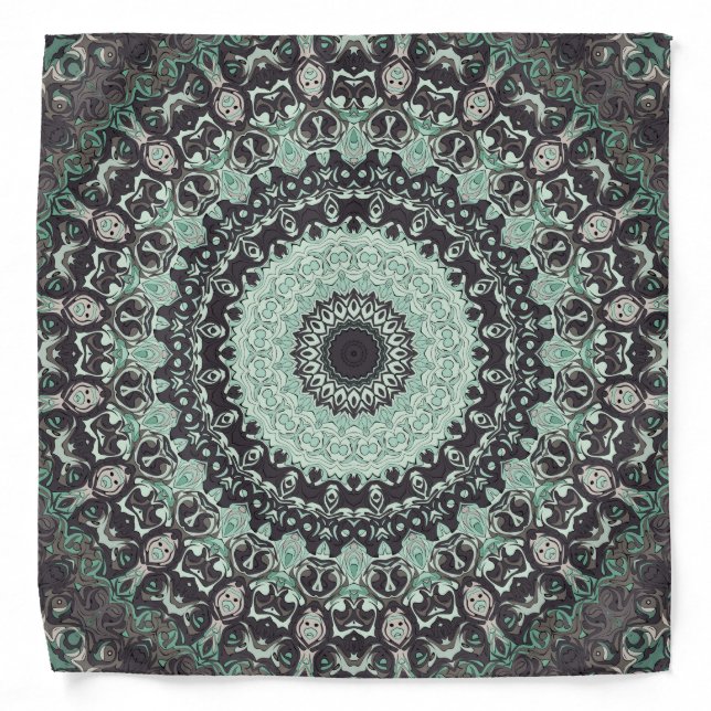 Mint Green and Charcoal Mandala Pattern Bandana (Front)