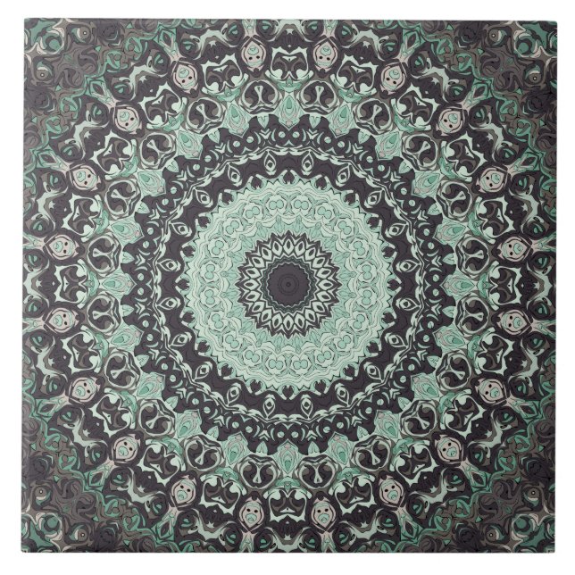 Mint Green and Charcoal Mandala Pattern Ceramic Tile (Front)