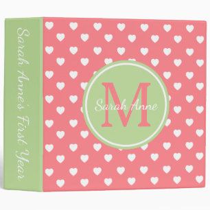 Mint Green and Coral Pink Hearts Monogram Binder