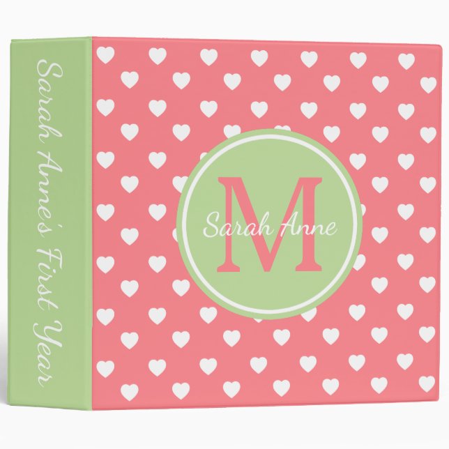 Mint Green and Coral Pink Hearts Monogram Binder (Front/Spine)
