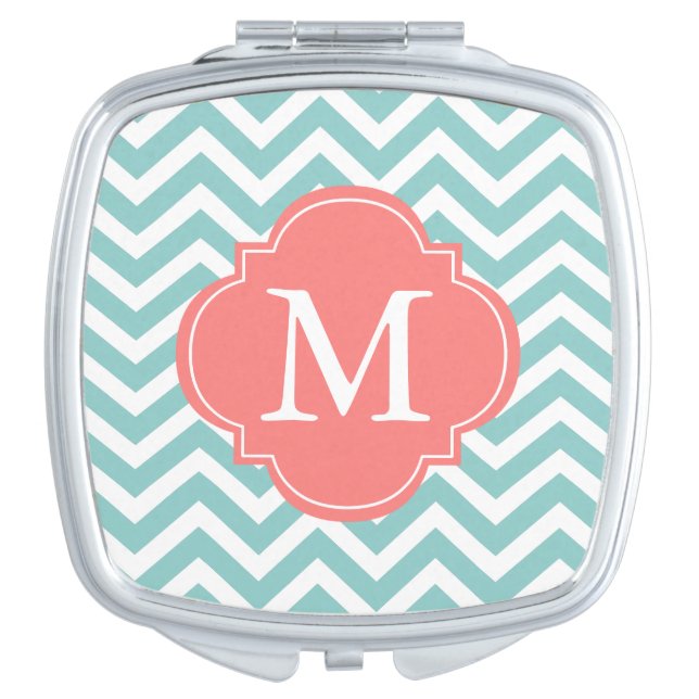 Mint Green and Coral Zigzag Pattern Monogram Makeup Mirror (Front)