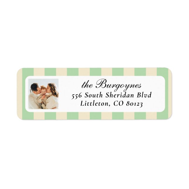 Mint Green and Cream Chic Vertical Stripes Photo Label (Front)