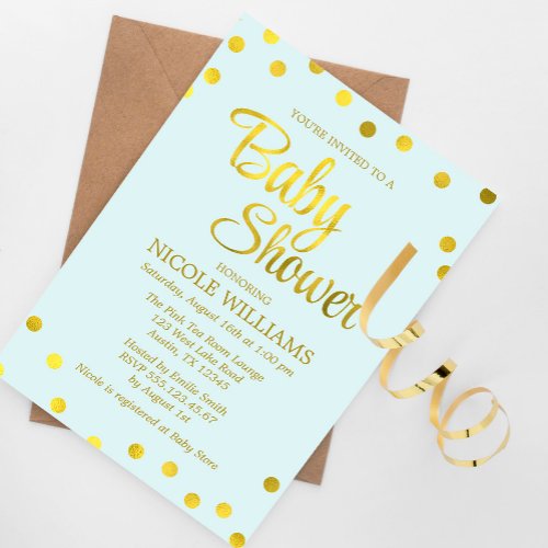 Mint Green and Faux Gold Confetti Dots Baby Shower Invitation