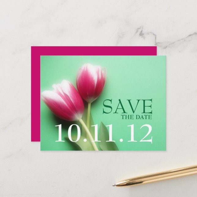 Mint Green and Fuchsia Save the Date Postcard (Front/Back In Situ)