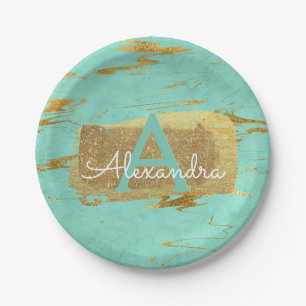 Mint Green and Gold Foil Elegant Marble Birthday Paper Plates