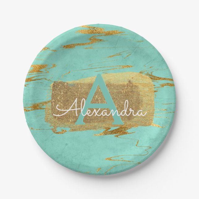 Mint Green and Gold Foil Elegant Marble Birthday Paper Plates (Front)