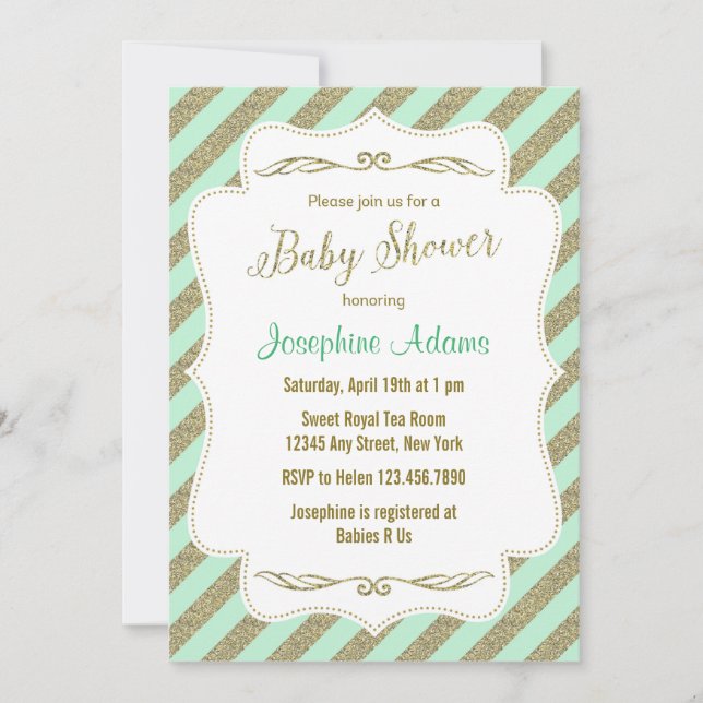 Mint Green and Gold Glitter Baby Shower Invitation (Front)