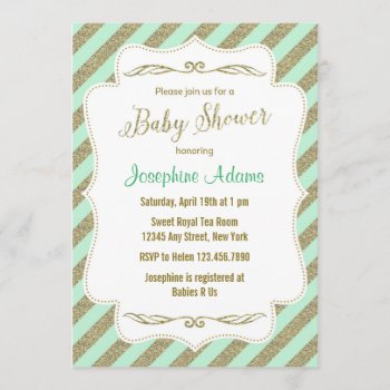 Mint Green And Gold Glitter Baby Shower Invitation by melanileestyle at Zazzle