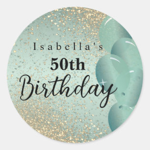 Mint Green and Gold Glitter Birthday  Classic Round Sticker
