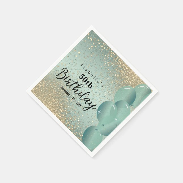 Mint Green and Gold Glitter Birthday  Napkins (Corner)