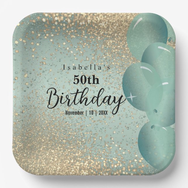 Mint Green and Gold Glitter Birthday  Paper Plates (Front)