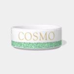 Mint Green and Gold Glitter Sparkle Name Pet Bowl<br><div class="desc">Mint green printed glitter stripe with gold custom cat or dog name. Enter any personalized text you like for a girly,  sparkly pet food or water bowl. See our collection of coordinating bowls and get a set!</div>