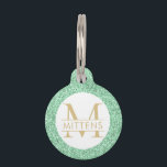Mint Green and Gold Glitter Sparkly Monogram Pet ID Tag<br><div class="desc">Mint Green glitter printed background with custom cat or dog name and monogram. Just type in your personalized text for a Christmas or school colors pet ID collar charm. See our collection of coordinating bowls and get a set!</div>