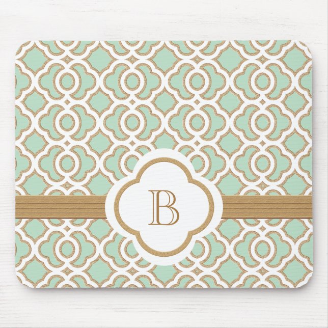 Mint Green and Gold Moroccan Monogrammed Mouse Pad (Front)