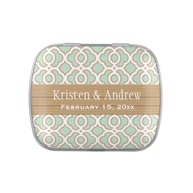 Mint Green and Gold Moroccan Wedding Favor Jelly Belly Candy Tin (Top)
