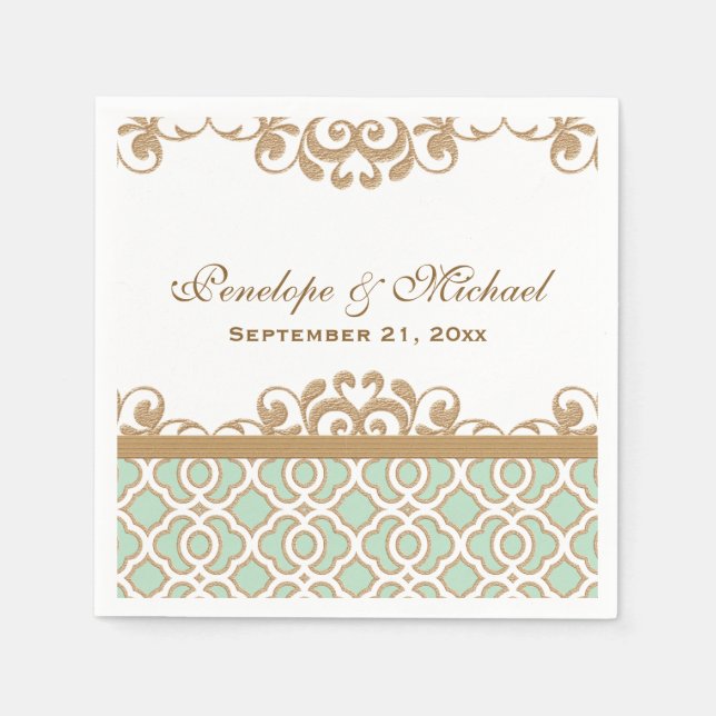 Mint Green and Gold Moroccan Wedding Napkins (Front)
