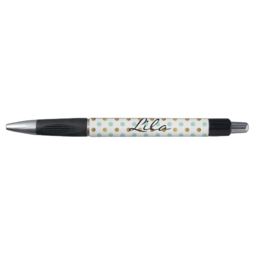 Mint Green and Gold Polka Dot Pen