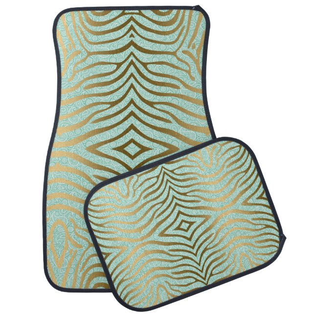 Mint-Green And Gold Zebra Stripes Pattern Car Mat (Set)