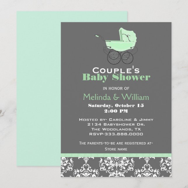 Mint Green and Gray Baby Shower Invitation (Front/Back)