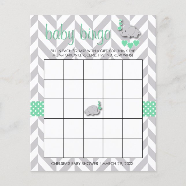 Mint Green and Gray Elephant Baby Shower Bingo (Front)