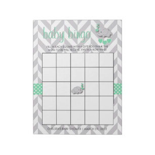 Mint Green and Gray Elephant Baby Shower Bingo Notepad