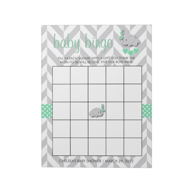 Mint Green and Gray Elephant Baby Shower Bingo Notepad (Rotated)